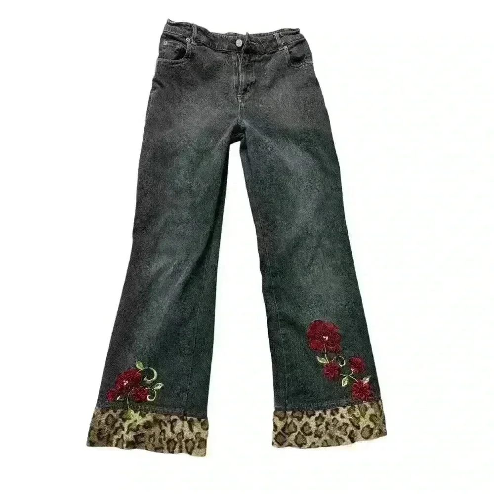 Children’s Place‎ Girls Size 12 Stretch Jeans With Flower And Leopard Hem Design